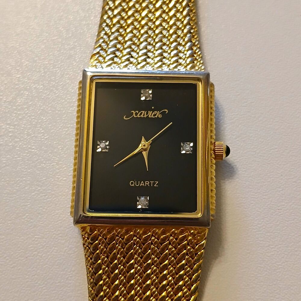 VTG 80s Xavier Masterpiece Quartz Men's Diamond Markers Black Dial Gold 25.2mm